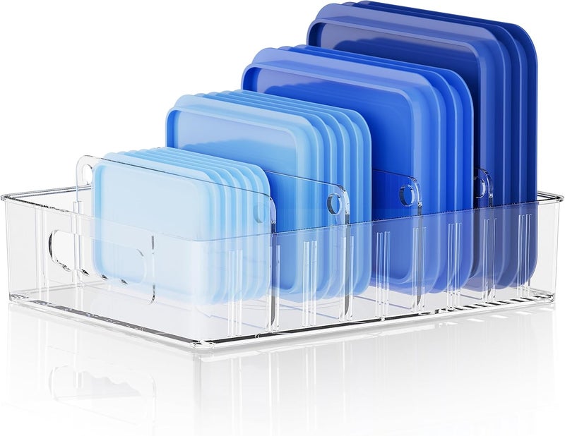 LYNG Lid Organizers Inside Cabinet, Clear Plastic Storage Lid Organizer With 4 Adjustable Dividers, Food Container Lid Organizer For Kitchen Pantry - Image 1